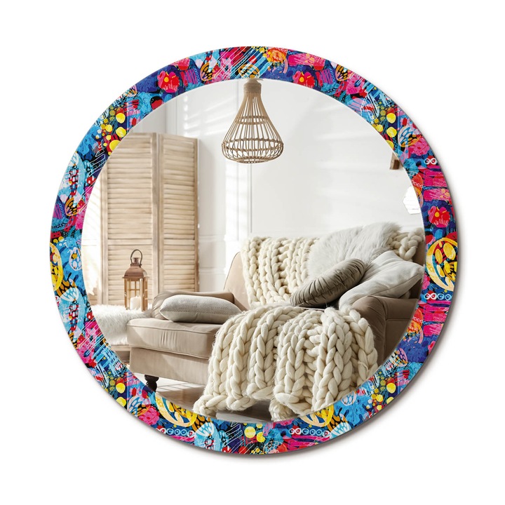 Kerek Tükör Nyomtatással, Decormat, Színes Firkák, Rózsaszín, Ø90 cm, Nappaliba És Szobába, 010090550120300072621