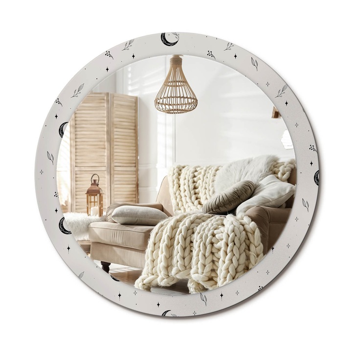Kerek Fali Tükör Grafikával, Decormat, Doodle Növények, Fehér, Ø90 cm, Különleges Kiegészítő Szobába, 010090550120300072625