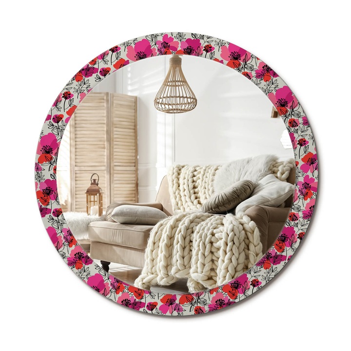 Kerek Fali Tükör Nyomtatott Mintával, Decormat, Rózsaszín Pipacsok, Piros, Ø90 cm, Nappali Szoba Díszítésére, 010090550120300072620