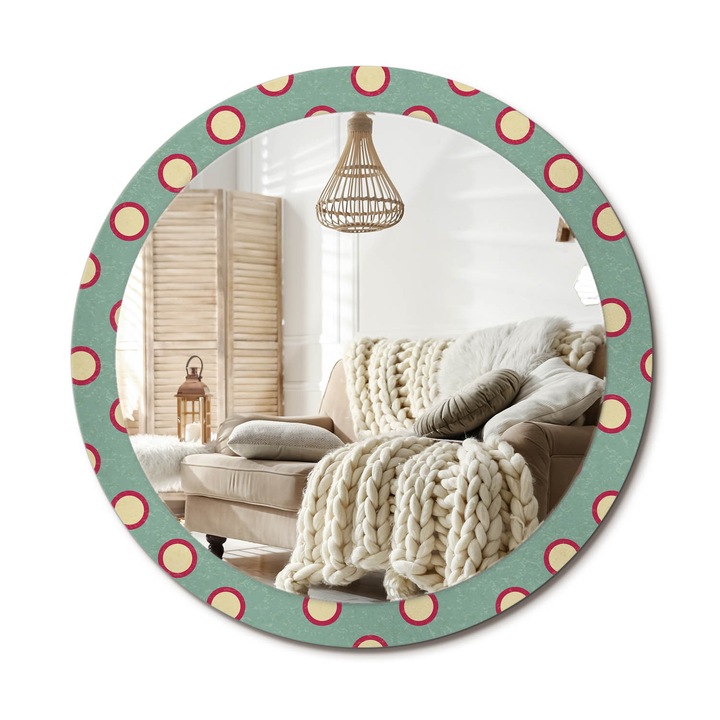 Kör Alakú Tükör Mintával, Decormat, Pontozott Körök, Türkiz, Ø90 cm, Stílusos Fali Dekoráció, 010090550120300072633