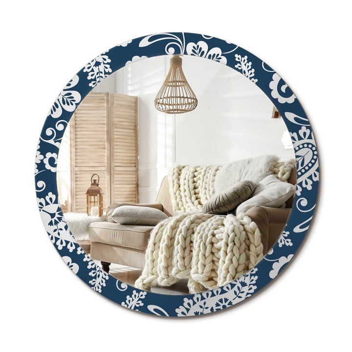 Kerek Tükör Kerettel És Nyomtatott Mintával, Decormat, Paisley Kompozíció, Kék, Ø90 cm, Beltéri Dekorációs Elem, 010090550120300072635