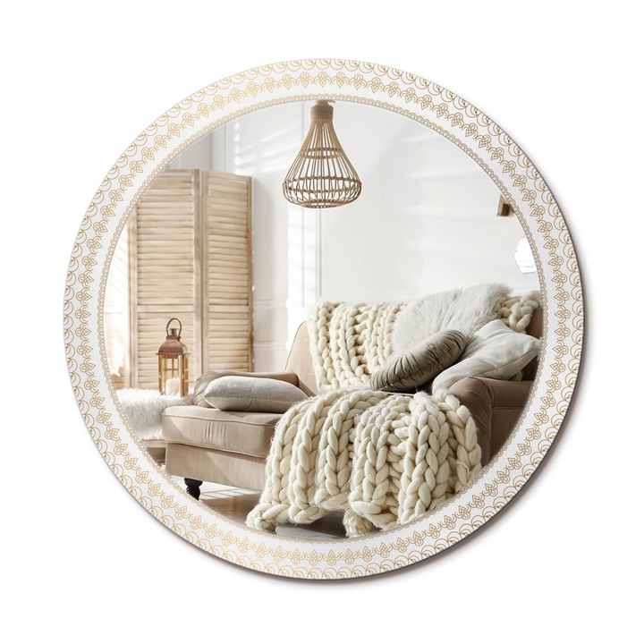 Kör Tükör Nyomtatott Mintával, Decormat, Indiai Mandala, Aranyszín, Ø90 cm, Fésülködőasztalhoz És Gardróbba, 010090550120300072632
