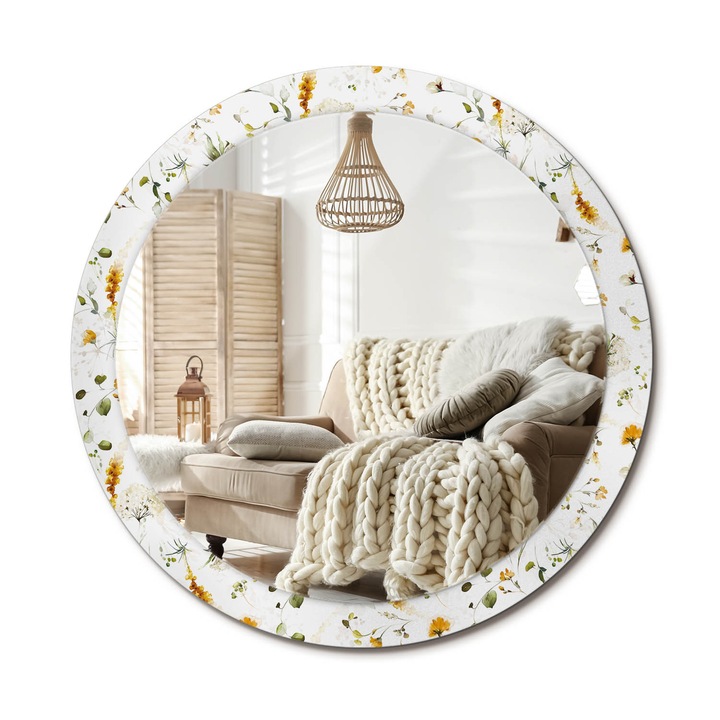 Kerek Tükör Kerettel És Nyomtatott Mintával, Decormat, Vadvirágok, Fehér, Ø90 cm, Beltéri Dekorációs Elem, 010090550120300072644