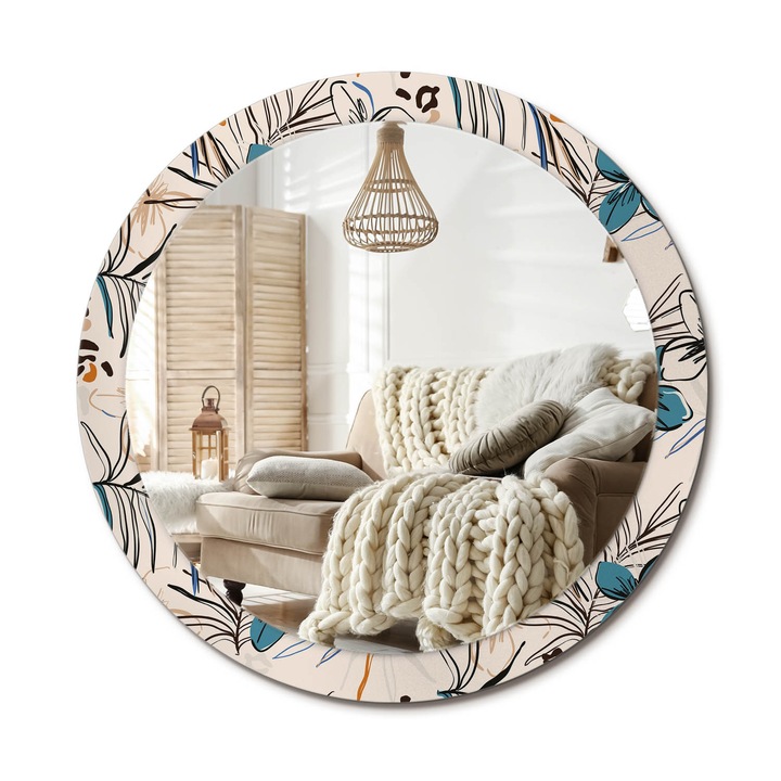 Kör Tükör Grafikai Mintával, Decormat, Dzsungelmintás Virágok, Krémszín, Ø90 cm, Előszobába És Folyosóra, 010090550120300072628