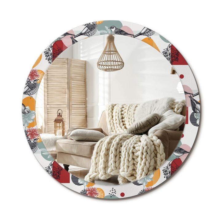 Kör Alakú Tükör Mintával, Decormat, Vintage Patki, Többszínű, Ø90 cm, Stílusos Fali Dekoráció, 010090550120300072642