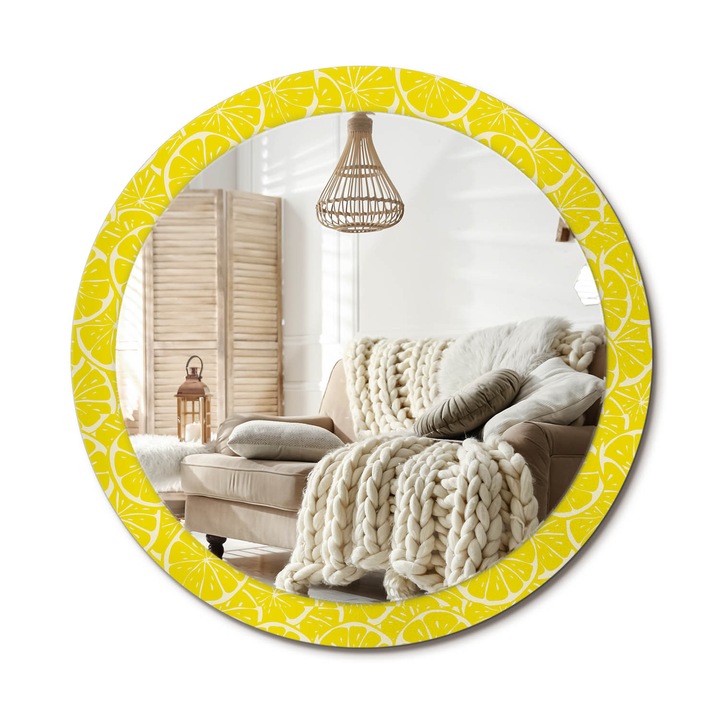 Kerek Tükör Nyomtatással, Decormat, Citrom, Sárga, Ø90 cm, Nappaliba És Szobába, 010090550120300072639