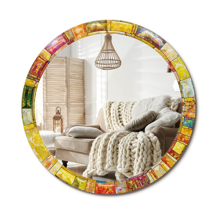 Kör Alakú Fali Tükör Nyomtatással, Decormat, Színes Ólomüveg, Többszínű, Ø90 cm, Lakásdíszítő Fali Tükör, 010090550120300072645