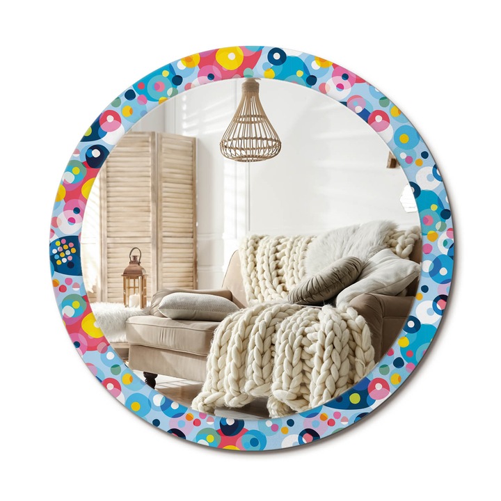 Kerek Tükör Grafikával, Decormat, Színes Körök, Kék, Ø90 cm, Sminkeléshez És Borotválkozáshoz, 010090550120300072640