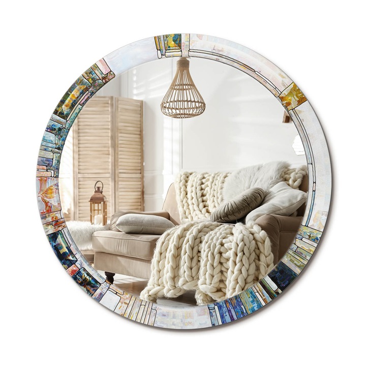 Kör Tükör Nyomtatott Mintával, Decormat, Ólomüveg, Krémszín, Ø90 cm, Fésülködőasztalhoz És Gardróbba, 010090550120300072641