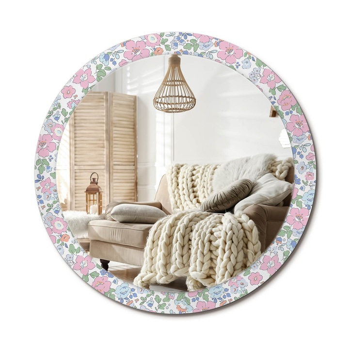 Kerek Fali Tükör Grafikával, Decormat, Színes Virágok, Rózsaszín, Ø90 cm, Különleges Kiegészítő Szobába, 010090550120300072643