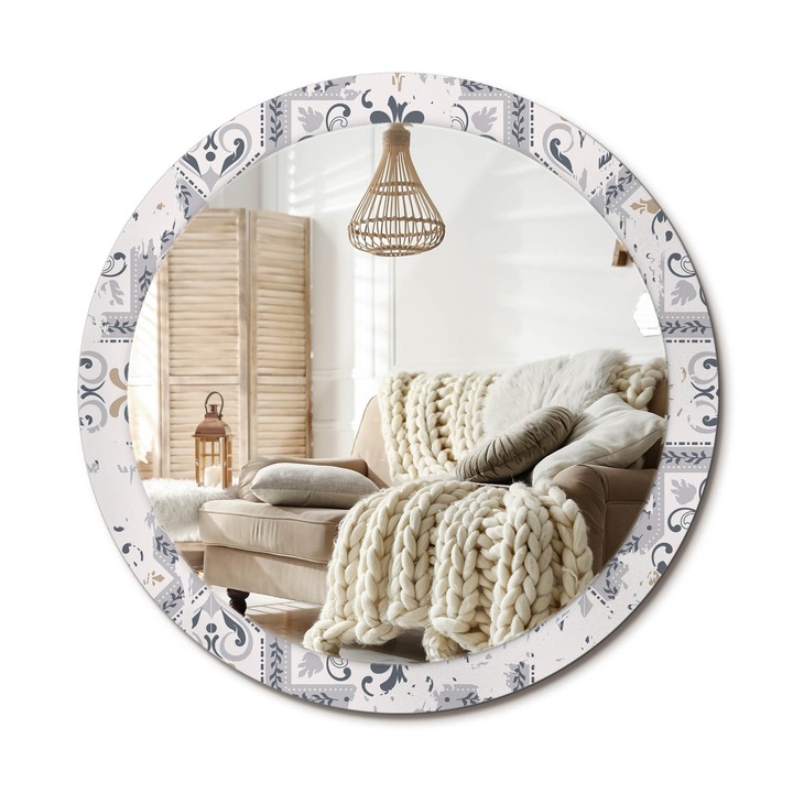 Kör Alakú Fali Tükör Nyomtatással, Decormat, Retró Csempék, Szürke, Ø90 cm, Lakásdíszítő Fali Tükör, 010090550120300072636
