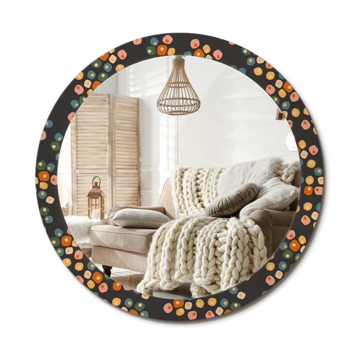 Kerek Tükör Grafikával, Decormat, Virágpöttyök, Narancssárga, Ø90 cm, Sminkeléshez És Borotválkozáshoz, 010090550120300072649