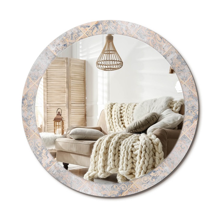 Kör Alakú Fali Tükör Nyomtatással, Decormat, Kopott Csempék, Krémszín, Ø90 cm, Lakásdíszítő Fali Tükör, 010090550120300072654