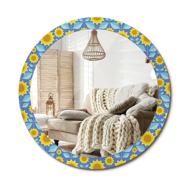 Kör Alakú Tükör Mintával, Decormat, Geometrikus Napraforgók, Kék, Ø90 cm, Stílusos Fali Dekoráció, 010090550120300072651