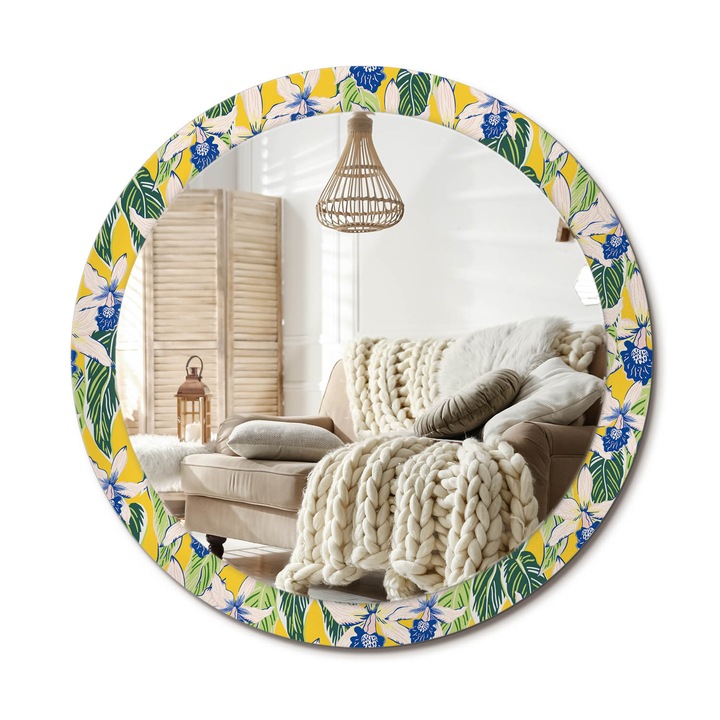 Kör Tükör Grafikai Mintával, Decormat, Orchideák, Sárga, Ø90 cm, Előszobába És Folyosóra, 010090550120300072646