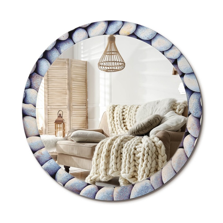 Kör Alakú Fali Tükör Nyomtatással, Decormat, Tengeri Kövek Köre, Kék, Ø90 cm, Lakásdíszítő Fali Tükör, 010090550120300000283