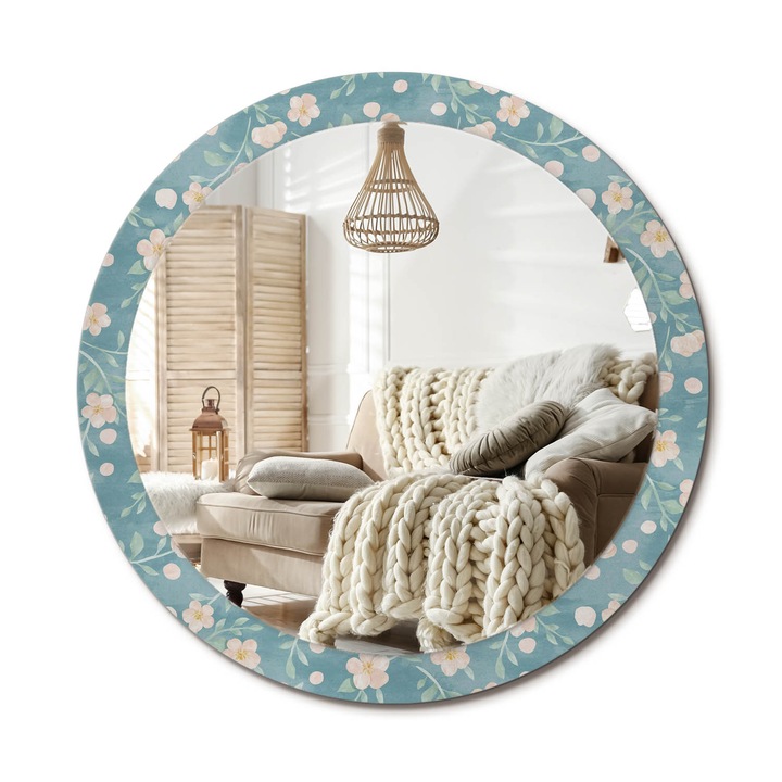 Kör Tükör Nyomtatott Mintával, Decormat, Virágminta, Kék, Ø90 cm, Fésülködőasztalhoz És Gardróbba, 010090550120300029446