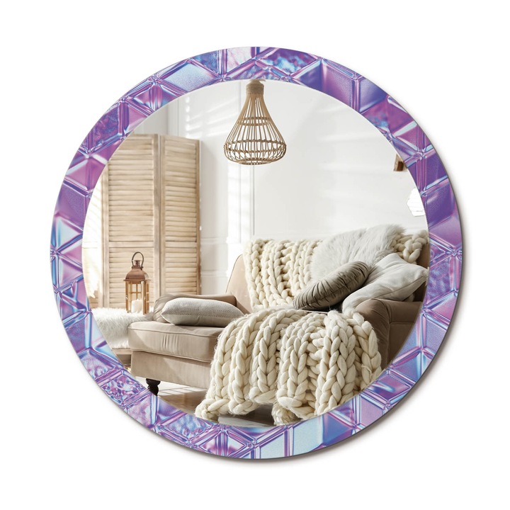 Kerek Tükör Nyomtatással, Decormat, Kristályminta, Lila, Ø90 cm, Nappaliba És Szobába, 010090550120300072657