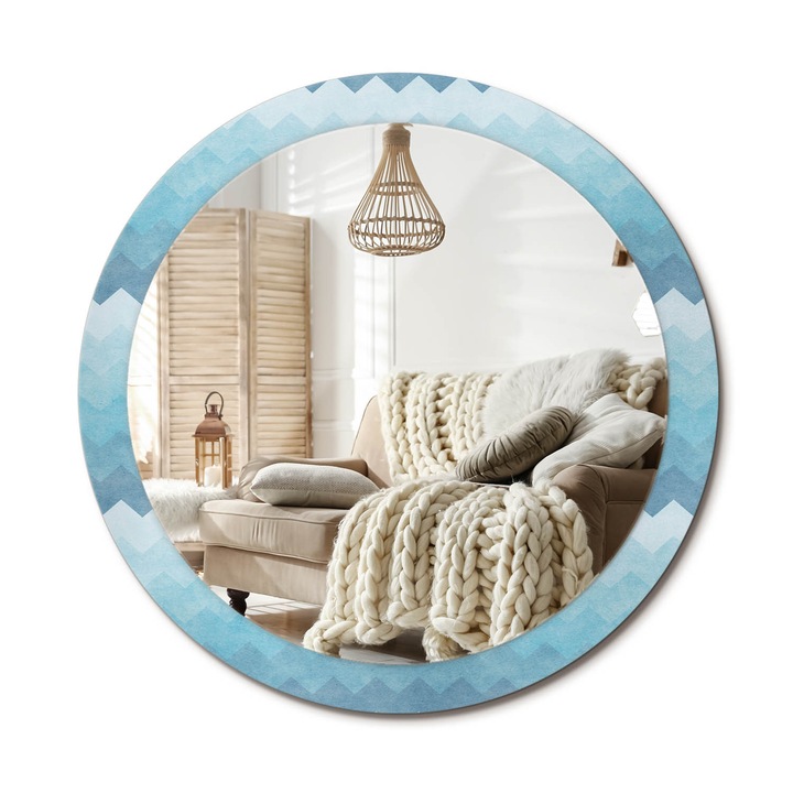Kör Alakú Tükör Mintával, Decormat, Kék Chevron, Kék, Ø90 cm, Stílusos Fali Dekoráció, 010090550120300030039