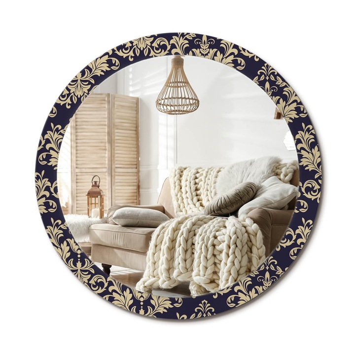 Kör Tükör Nyomtatott Mintával, Decormat, Virágminta, Fekete, Ø90 cm, Fésülködőasztalhoz És Gardróbba, 010090550120300053973