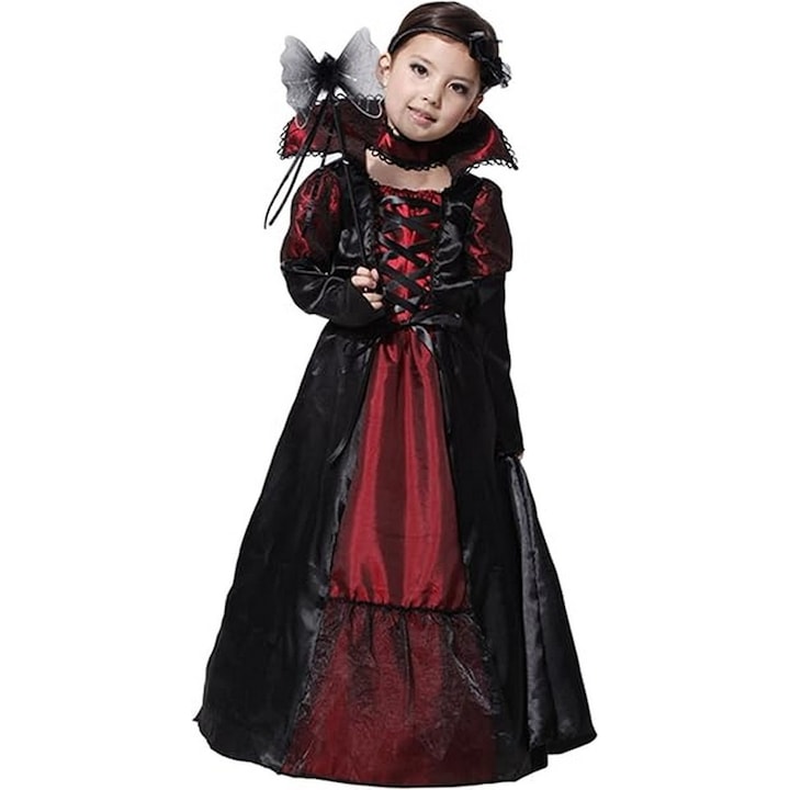 Costum vampirita Selore, rochie lunga rosie-neagra, Marime 130-140 cm, 10-12 ani