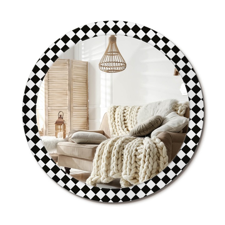 Kör Alakú Tükör Mintával, Decormat, Sakkasztal, Fekete, Ø90 cm, Stílusos Fali Dekoráció, 010090550120300020945