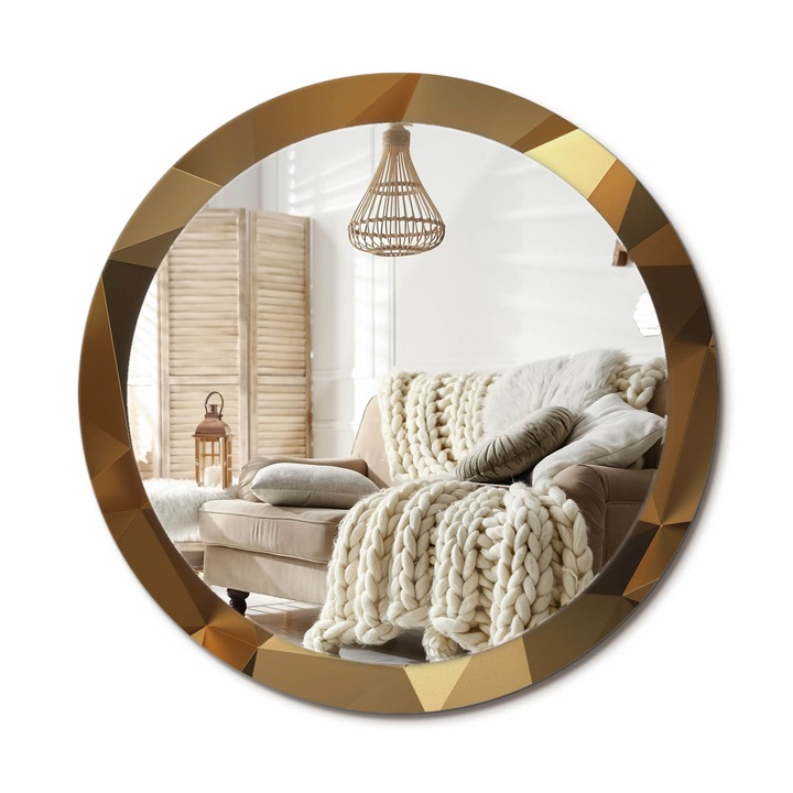 Kör Alakú Fali Tükör Nyomtatással, Decormat, Geometrikus Minta, Aranyszín, Ø90 cm, Lakásdíszítő Fali Tükör, 010090550120300030950