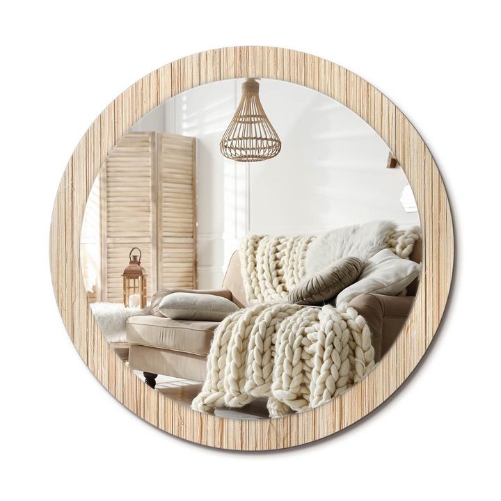 Kör Alakú Fali Tükör Nyomtatással, Decormat, Bambusz Szalma, Bézs, Ø90 cm, Lakásdíszítő Fali Tükör, 010090550120300029815