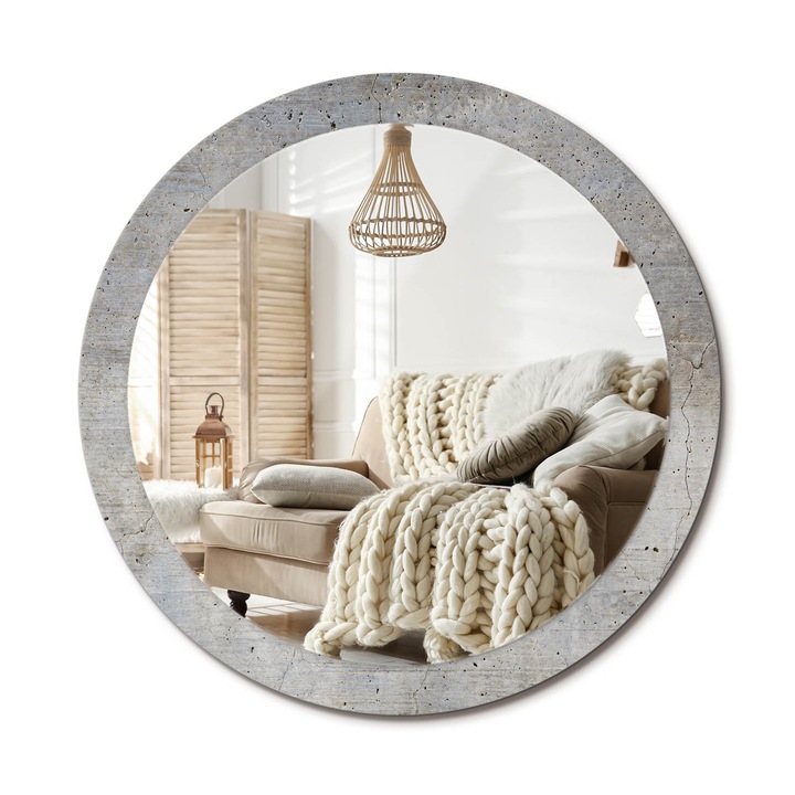 Kerek Fali Tükör Nyomtatott Mintával, Decormat, Szürke Beton, Szürke, Ø90 cm, Nappali Szoba Díszítésére, 010090550120300053880