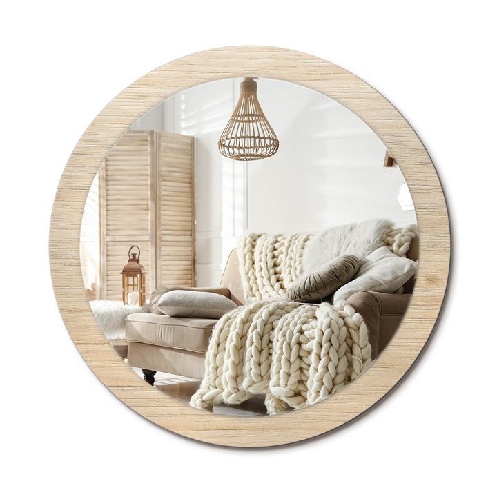 Kör Alakú Tükör Mintával, Decormat, Világos Fa, Bézs, Ø90 cm, Stílusos Fali Dekoráció, 010090550120300053717