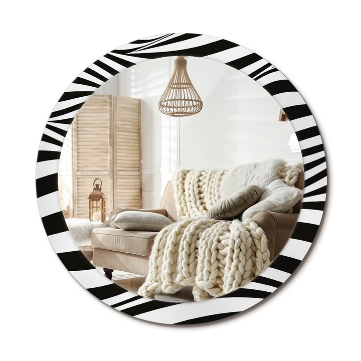 Kerek Tükör Grafikával, Decormat, Absztrakt Hullám, Fekete és fehér, Ø90 cm, Sminkeléshez És Borotválkozáshoz, 010090550120300030961