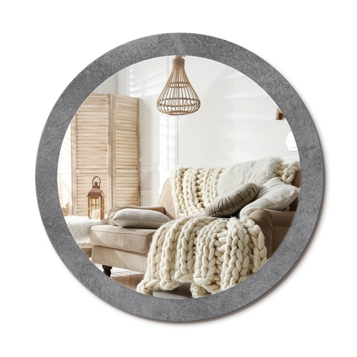 Kerek Fali Tükör Grafikával, Decormat, Beton Textúra, Szürke, Ø90 cm, Különleges Kiegészítő Szobába, 010090550120300053874