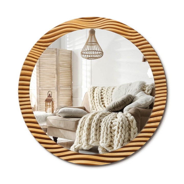 Kerek Fali Tükör Grafikával, Decormat, Fa Hullám, Sárga, Ø90 cm, Különleges Kiegészítő Szobába, 010090550120300053759