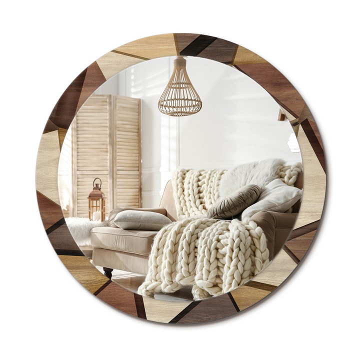 Kerek Tükör Grafikával, Decormat, Geometrikus 3d Fa, Barna, Ø90 cm, Sminkeléshez És Borotválkozáshoz, 010090550120300053758