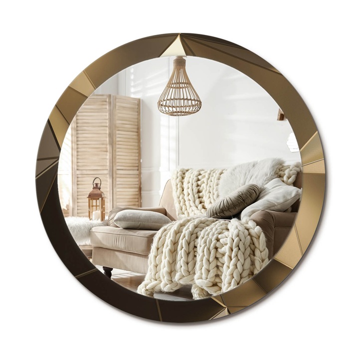 Kör Alakú Tükör Mintával, Decormat, Modern Absztrakció, Bézs, Ø90 cm, Stílusos Fali Dekoráció, 010090550120300053937