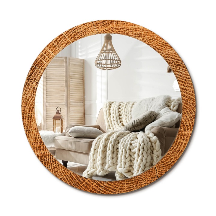 Kerek Tükör Kerettel És Nyomtatott Mintával, Decormat, Tölgyfa, Narancssárga, Ø90 cm, Beltéri Dekorációs Elem, 010090550120300053745