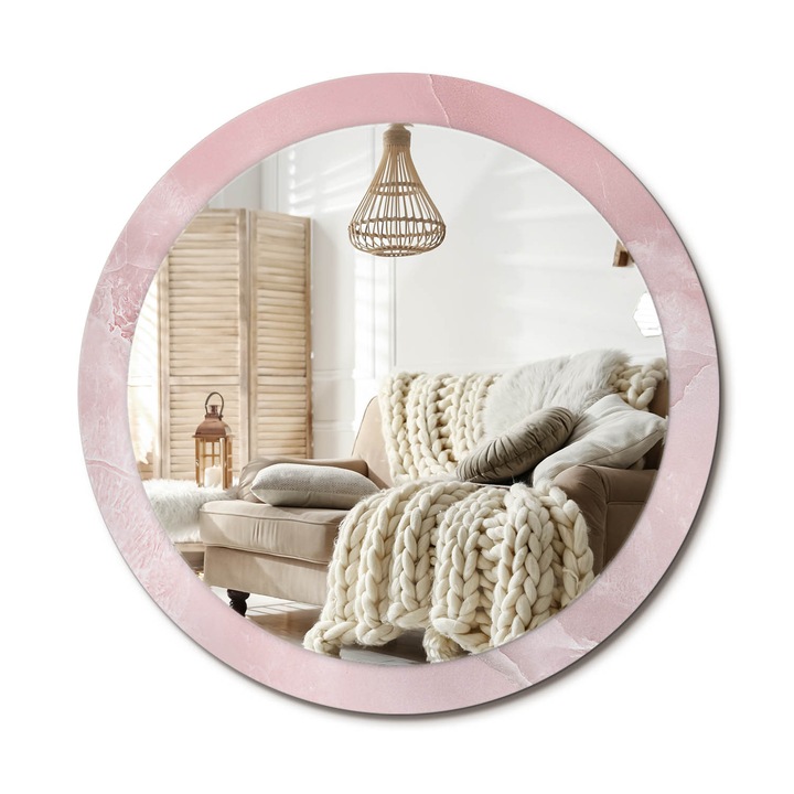 Kerek Tükör Kerettel És Nyomtatott Mintával, Decormat, Rózsaszín Kő, Rózsaszín, Ø90 cm, Beltéri Dekorációs Elem, 010090550120300053839