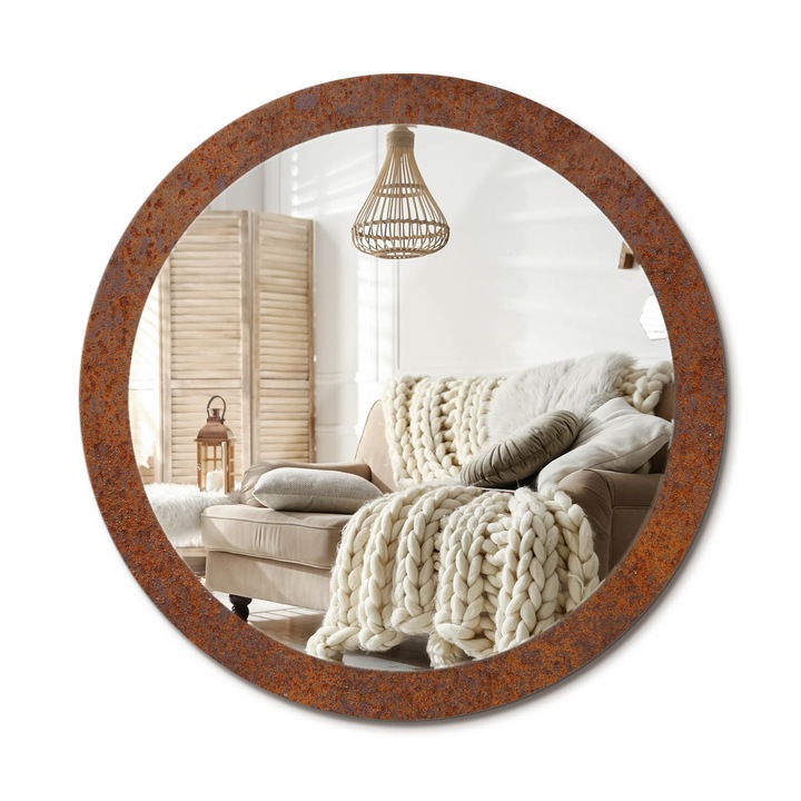 Kör Tükör Nyomtatott Mintával, Decormat, Rozsdás Fém, Barna, Ø90 cm, Fésülködőasztalhoz És Gardróbba, 010090550120300053923