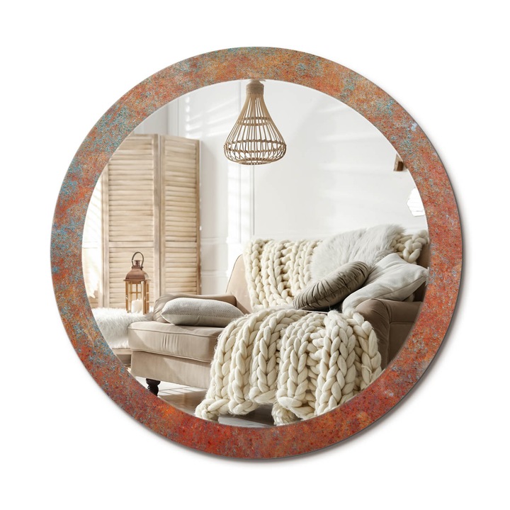 Kerek Tükör Grafikával, Decormat, Rozsdás Fém, Narancssárga, Ø90 cm, Sminkeléshez És Borotválkozáshoz, 010090550120300053925