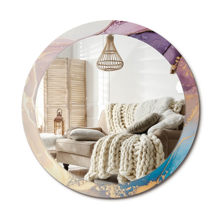 Kör Tükör Nyomtatott Mintával, Decormat, Márványkő, Kék, Ø90 cm, Fésülködőasztalhoz És Gardróbba, 010090550120300053830