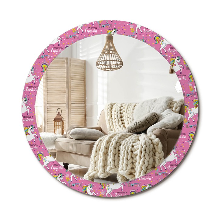 Kerek Fali Tükör Nyomtatott Mintával, Decormat, Varázslatos Unikornis, Rózsaszín, Ø90 cm, Nappali Szoba Díszítésére, 010090550120300054068