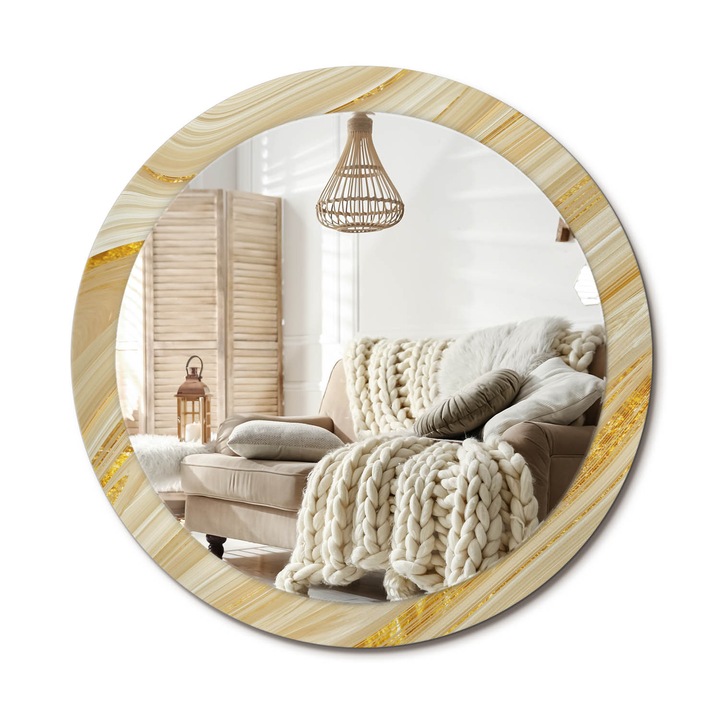Kerek Fali Tükör Grafikával, Decormat, Absztrakt Minta, Aranyszín, Ø90 cm, Különleges Kiegészítő Szobába, 010090550120300053855