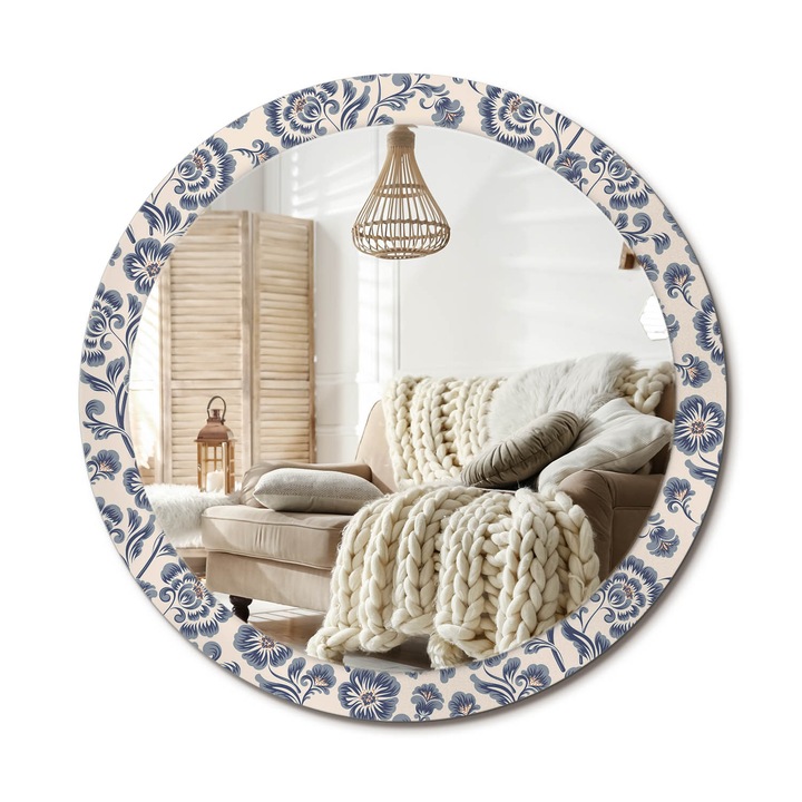 Kerek Tükör Kerettel És Nyomtatott Mintával, Decormat, Virágminta, Krémszín, Ø90 cm, Beltéri Dekorációs Elem, 010090550120300020983