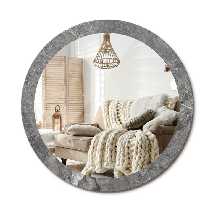 Kör Alakú Fali Tükör Nyomtatással, Decormat, Rusztikus Márvány, Szürke, Ø90 cm, Lakásdíszítő Fali Tükör, 010090550120300053854
