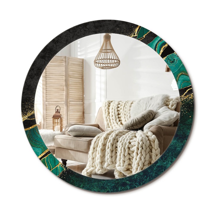 Kör Alakú Tükör Mintával, Decormat, Márványzöld, Zöld, Ø90 cm, Stílusos Fali Dekoráció, 010090550120300053845
