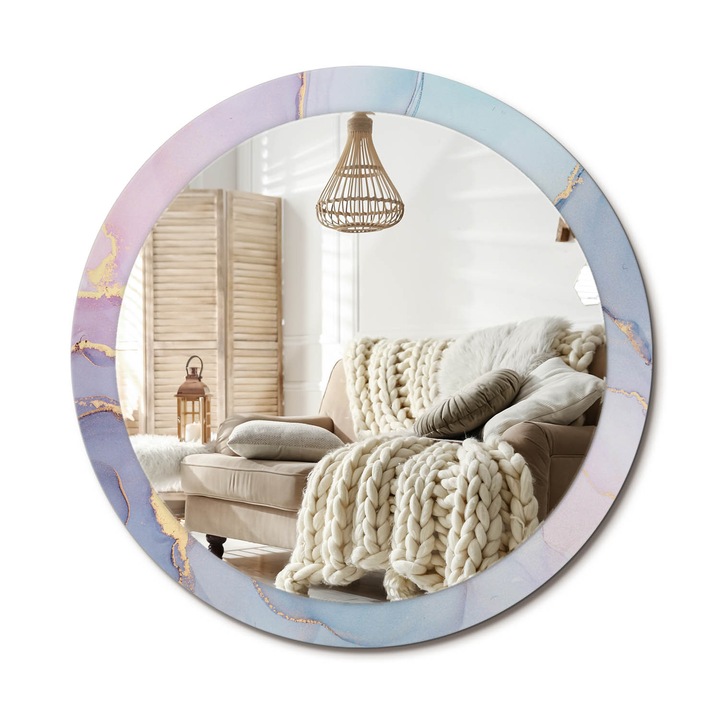 Kerek Tükör Kerettel És Nyomtatott Mintával, Decormat, Absztrakt Folyadék, Kék, Ø90 cm, Beltéri Dekorációs Elem, 010090550120300053848