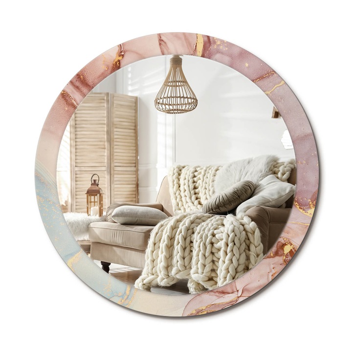 Kör Alakú Tükör Mintával, Decormat, Absztrakt Folyadék, Rózsaszín, Ø90 cm, Stílusos Fali Dekoráció, 010090550120300072550