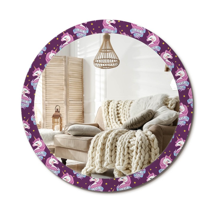 Kerek Tükör Grafikával, Decormat, Csillag Unikornis, Lila, Ø90 cm, Sminkeléshez És Borotválkozáshoz, 010090550120300054069