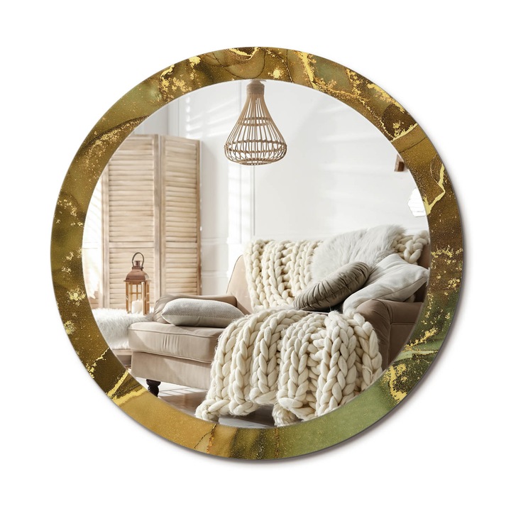 Kerek Fali Tükör Nyomtatott Mintával, Decormat, Fémes Örvények, Aranyszín, Ø90 cm, Nappali Szoba Díszítésére, 010090550120300053828