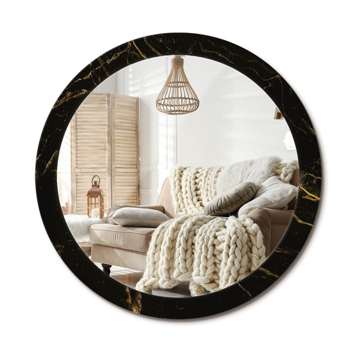 Kör Tükör Nyomtatott Mintával, Decormat, Fekete Márvány, Fekete, Ø90 cm, Fésülködőasztalhoz És Gardróbba, 010090550120300053842